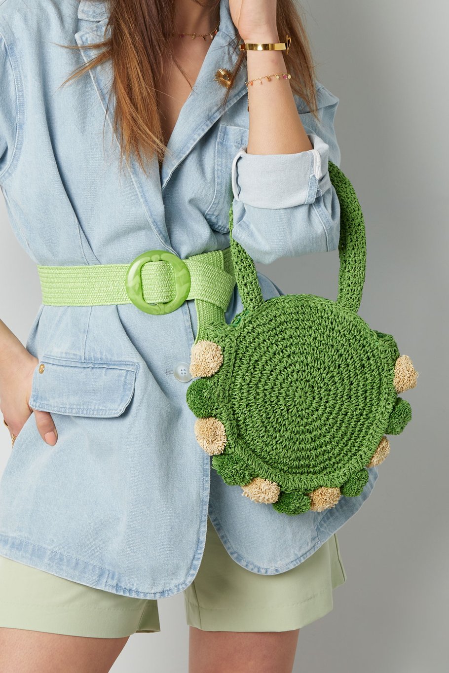 Bolso de playa con pompones - verde Imagen3